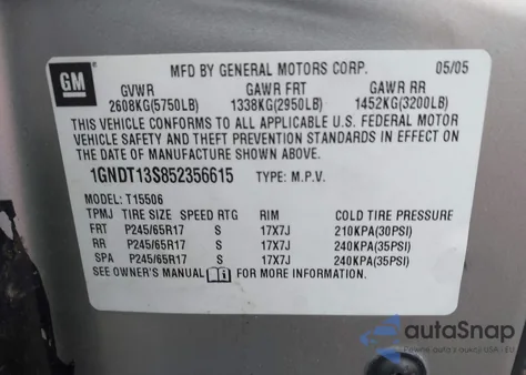 2005 Chevrolet Trailblazer Lt from USA, damaged, VIN 1GNDT13S852356615